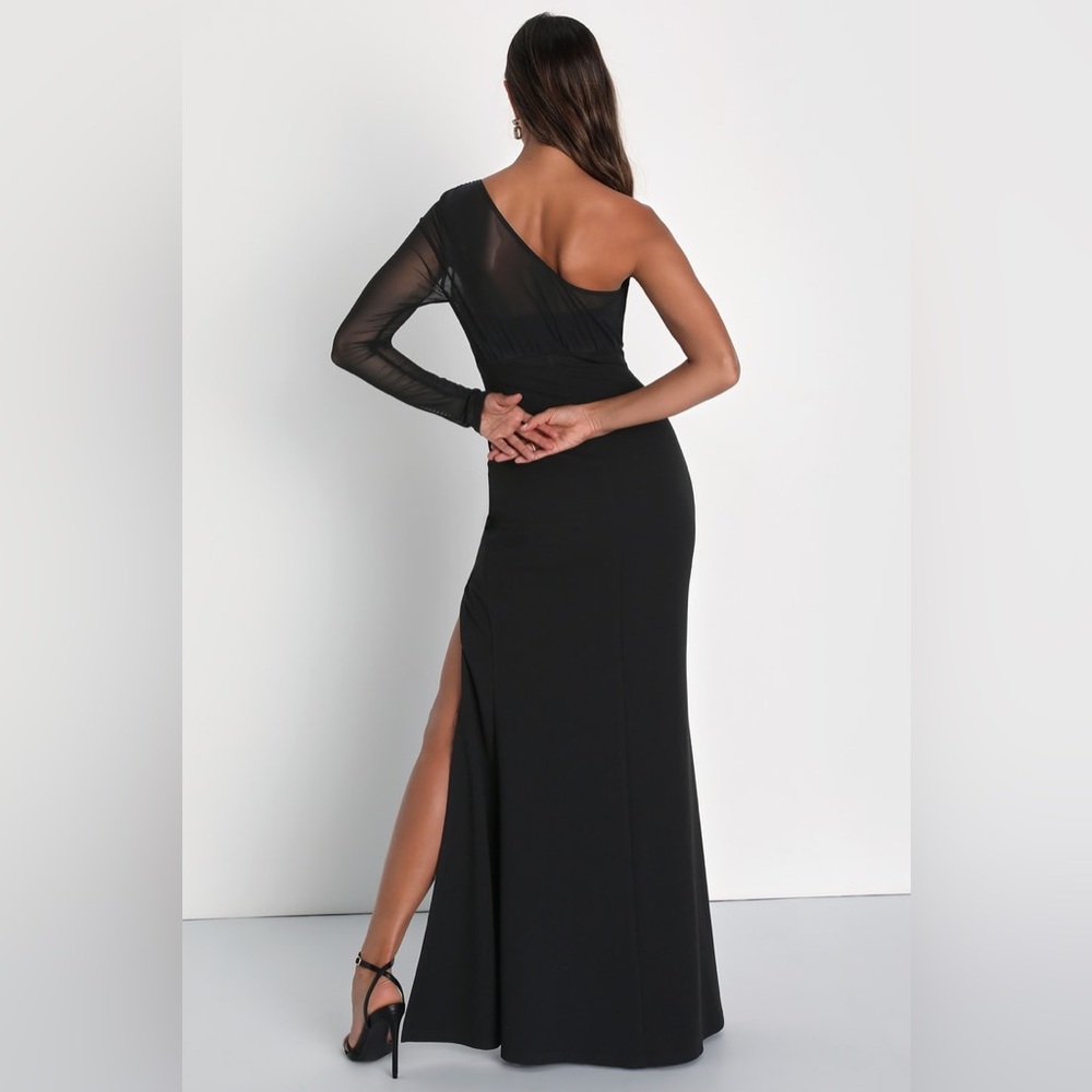 Lulus Stunning Essence One Shoulder Mermaid Maxi Dress Large Black Slit Mesh NWT - Picture 2 of 12